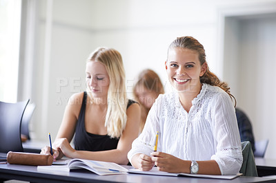 Buy stock photo College student, portrait and learning with notes in class, lecture or people in education. University, classroom and face of happy woman with notebook, knowledge and studying in academy or school