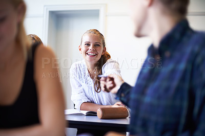 Buy stock photo Student, note and pass a letter in class at high school with friends and social communication. Hand, paper and teenager writing secret, crush and information in classroom with quiet conversation