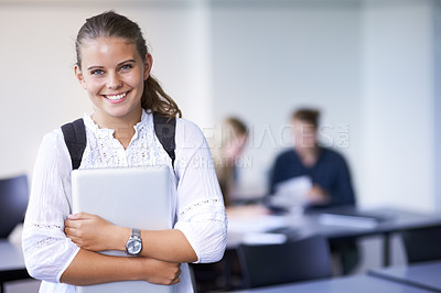 Buy stock photo Girl, portrait and teenager with laptop in classroom, back to school and excited for learning. Academy, student and happy face with computer or tech for education, study and kid with a scholarship