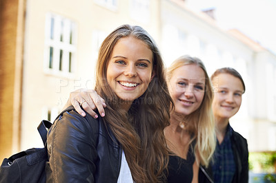 Buy stock photo School, friends and portrait of group with support outdoor on campus with women and happiness. Social, students and smile for learning, education and studying at academy or college in morning