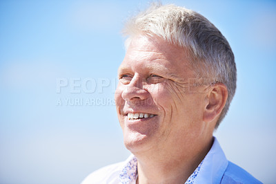 Buy stock photo Face, thinking and happy senior man outdoor for travel, freedom or journey on blue sky background. Smile, relax and elderly male person outside with gratitude for fresh air, retirement or vacation