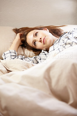 Buy stock photo Happy woman, waking up and smile for dream in bedroom with good, sleep or rest. Female person, face and relaxing for peaceful, calm and morning with blanket for comfort, wellbeing or wellness in home