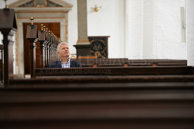 Buy stock photo Senior man, sitting and church for religion, faith or pray at cathedral or holy grounds in Jesus Christ. Mature or religious male person looking up in sanctuary for salvation, forgiveness or worship