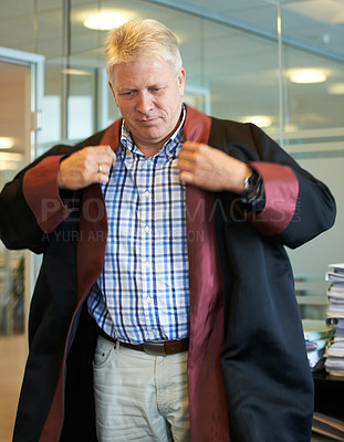 Buy stock photo University, professor and senior man in office with coat for graduation ceremony, teaching and education. College, professional school and mature teacher for academic career, learning and knowledge