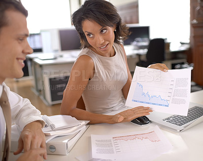 Buy stock photo Business people meeting, data documents and woman show sales feedback graph, financial income statistics or analytics. Communication, partner discussion and team cooperation on company finance chart