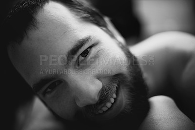 Buy stock photo Portrait, smile and man in home, monochrome and relax in living room of apartment or house. Happy face of young person on black and white, dark and confident student on profile picture in Spain