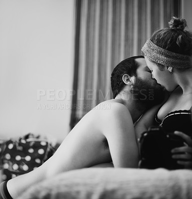 Buy stock photo The reflection of a passionate couple kissing taken by their camera