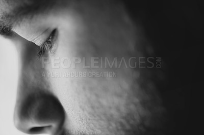 Buy stock photo Man, profile and thinking with memory, depression and sad from problem or breakup. Male person, grief and mental health with regret, fear and ashamed from hurt and issue with monochrome and negative