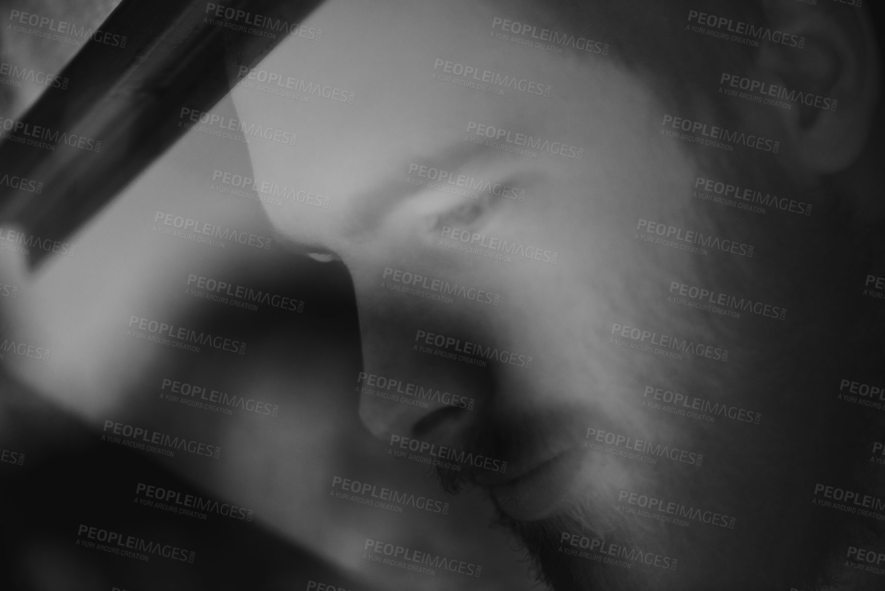 Buy stock photo Man, window and thinking with memory, profile and reflection with monochrome and black and white. Male person, ideas and mental health with problem and issue from grief and depression with regret