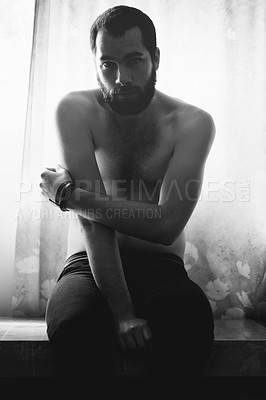 Buy stock photo Man, bedroom and portrait with thinking and creativity with black and white and beard at home. Art, shadow and male model sitting in a house with a problem and lonely from grief and monochrome