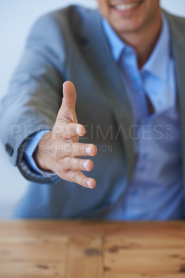 Buy stock photo Business person, shaking hands offer and meeting in job interview, corporate agreement and hiring or recruitment. Professional client or employer handshake for introduction, hello or negotiation deal