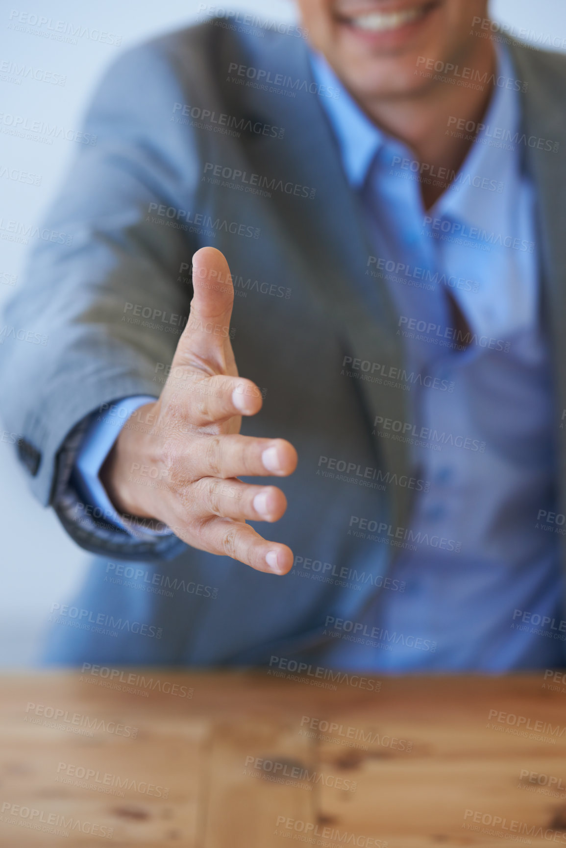 Buy stock photo Business person, shaking hands offer and meeting in job interview, corporate agreement and hiring or recruitment. Professional client or employer handshake for introduction, hello or negotiation deal