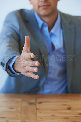 Buy stock photo Business man, handshake offer and meeting in job interview, corporate agreement and hiring or recruitment. Professional client or employer shaking hands in POV introduction, hello or negotiation deal