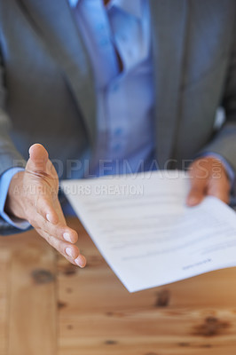 Buy stock photo Business person, handshake offer and document for job interview, corporate meeting and hiring or recruitment. Professional manager, employer shaking hands or POV introduction with resume, CV or paper