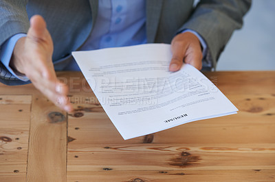 Buy stock photo Business person, handshake offer and resume for job interview, corporate meeting and hiring or recruitment. Professional manager, employer shaking hands or POV introduction with document, CV or paper