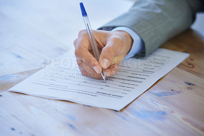 Buy stock photo Closeup, writing and business with man, document and insurance with signature, contract and sign application.  Person, employee or worker with pc, hands and checklist with compliance, policy or agent