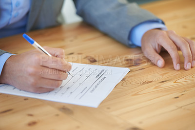 Buy stock photo Hands, writing and paperwork for employment application or insurance with signature, checklist or sign.  Person, consultant or worker with pen, agent or contract with documents, policy or man