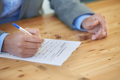 Buy stock photo Hands, writing and document with employment application, man and employee with insurance, signature and contract.  Person, consultant or worker with pen, agent and checklist with compliance or policy