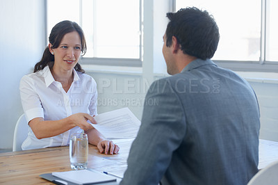 Buy stock photo Business woman, job interview and documents, CV or resume for human resources, recruitment or hiring process. Professional employer, manager or clients giving paperwork for career review in a meeting