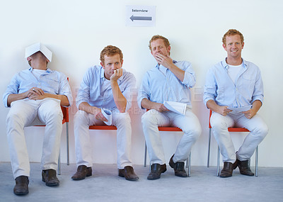 Buy stock photo Bored, man and waiting room for interview in office for job, recruitment and sitting with resume and cv. Employee, yawn and fatigue in onboarding process with tired person in human resources 