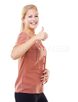 Buy stock photo Portrait, stomach and thumbs up of woman in studio on a white background mock up. Thumbsup, belly and face of  happy female with hand gesture for like emoji, approval or thank you, health or wellness