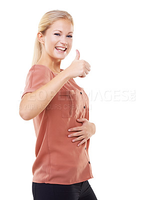 Buy stock photo Stomach, thumbs up and woman in studio for weight loss, digestion health and wellness in portrait. Yes, ok and success hand sign of woman with gut health, diet and happy with results in mockup