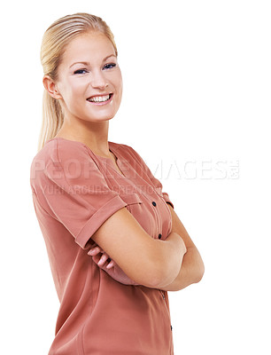 Buy stock photo Happy, portrait and woman with crossed arms in studio with smile, natural and positive mindset. Happiness, young and female model from Canada with casual outfit by white background with mockup space.