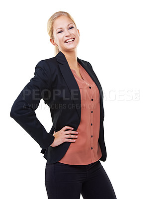 Buy stock photo Portrait, business woman and smile with white background, leadership and success in Sweden. Happy female model, entrepreneur and professional worker with motivation, happiness and trust in management