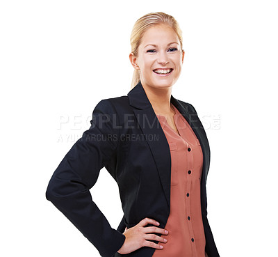 Buy stock photo Portrait, happy and business woman with white background, leadership and success in Sweden. Female model, entrepreneur and professional worker smile with motivation, happiness and trust in management