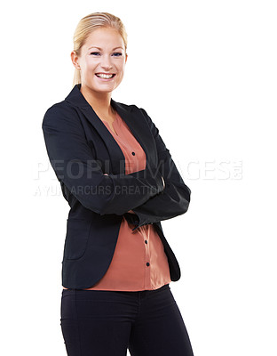 Buy stock photo Leadership, arms crossed and portrait of business woman in studio isolated on a white background mock up. Ceo, boss and face of happy female entrepreneur with vision, mission and success mindset.