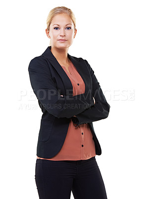 Buy stock photo Leadership, portrait and business woman with arms crossed in studio isolated on a white background mock up. Ceo, boss and face of confident female entrepreneur with vision, mission or success mindset