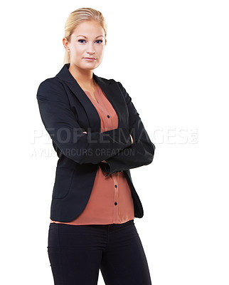 Buy stock photo Portrait, leadership and business woman with arms crossed in studio isolated on a white background mock up. Ceo, boss and face of confident female entrepreneur with vision, mission or success mindset