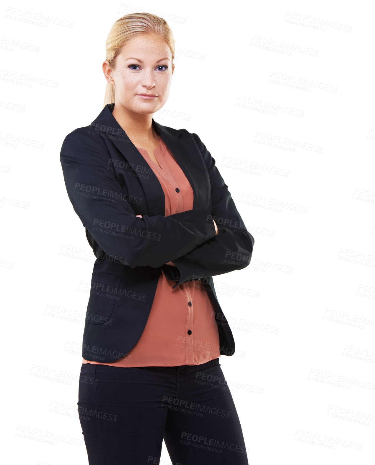 Buy stock photo Portrait, leadership and business woman with arms crossed in studio isolated on a white background mock up. Ceo, boss and face of confident female entrepreneur with vision, mission or success mindset