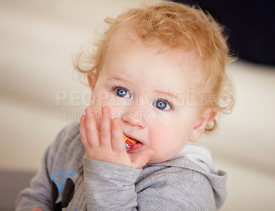 Buy stock photo Home, baby on the floor and happy with joy, peace and calm in the living room, child development and learning to crawl. Apartment, infant on the ground and person in a lounge, support and playing