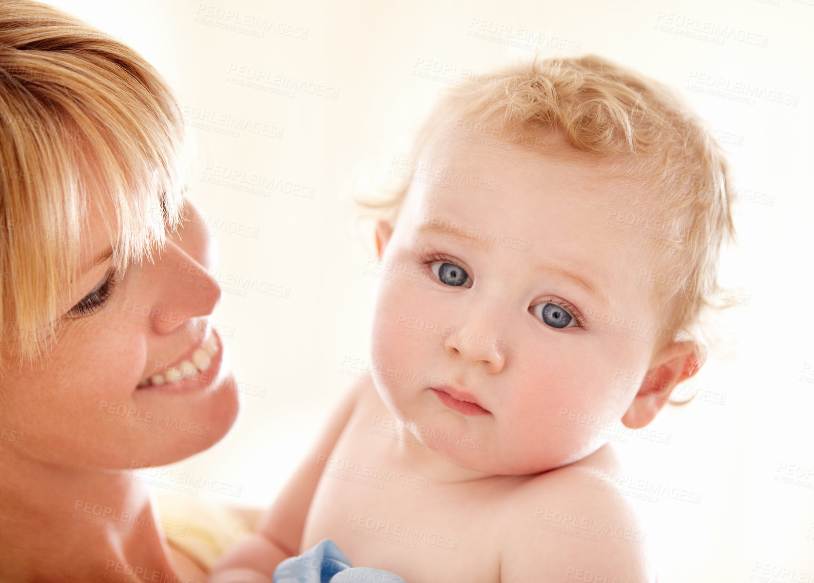 Buy stock photo Love, hug and face of baby with mother in a house for bonding, playing or care, trust or growth. Family, support and  mom embrace boy kid in their home for child development, security or having fun