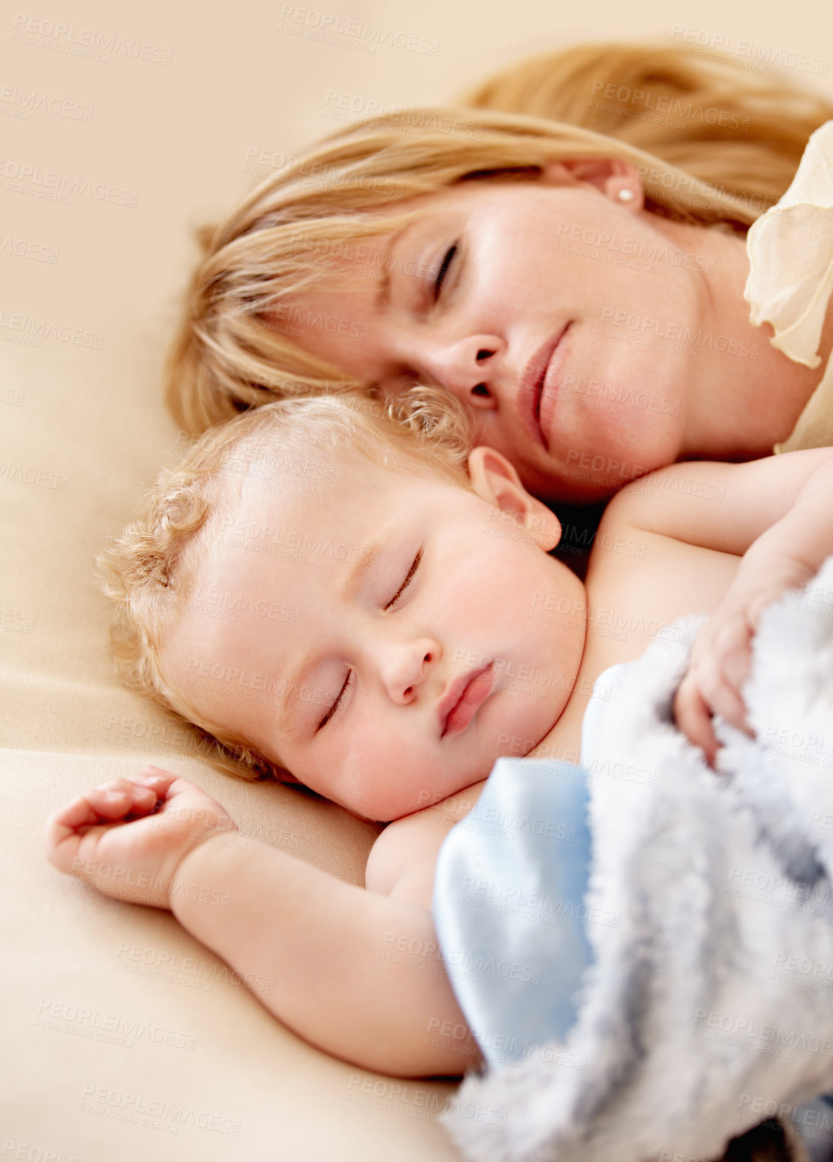 Buy stock photo Sleeping, mom and baby with peace in bed together with calm moment with love for infant and kid in morning nap. Mother, cuddle and sleep with child in closeup and rest in bedroom or family home