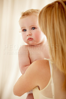 Buy stock photo Baby, mother or holding for love with bonding, care support and relax wellness with parent happiness. Woman, young child or together with blonde hair, natural touch or calm for kid growth development