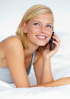 Buy stock photo Thinking, smile and phone call with woman on bedroom for contact, communication and connection. Happy, digital and technology with female person in home for calm, listening and mobile conversation