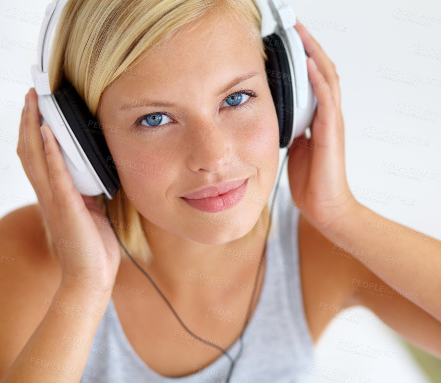 Buy stock photo Portrait, smile and woman with headphones, streaming music and listening to audio with radio, apartment and sound. Face, home and person with a headset, podcast and wellness with peace and hearing