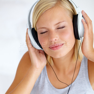 Buy stock photo Home, headphones and woman with music, relax and streaming sound with radio, peace and calm. Zen person, technology or girl with headset, podcast audio and playlist with connection, song and internet