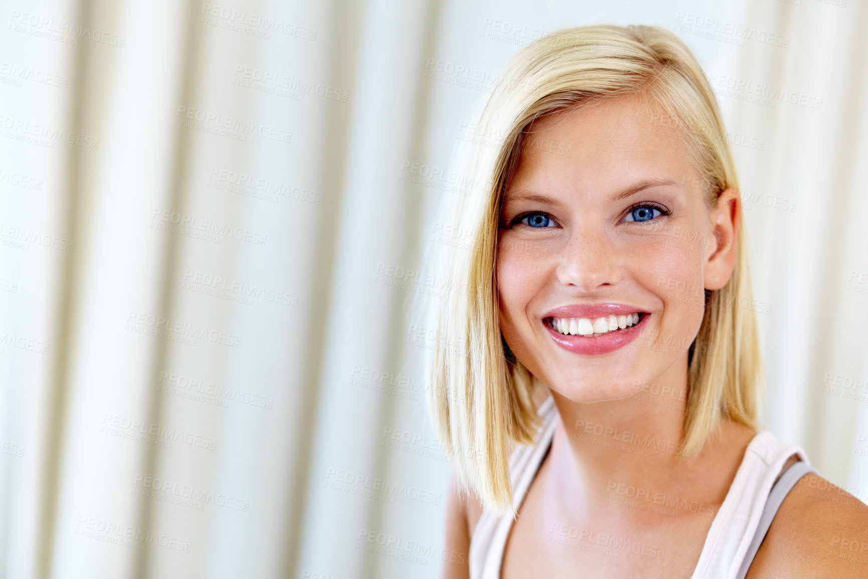 Buy stock photo Relax, happy and portrait of woman in home for positive mindset, confidence and smile. Attractive, apartment and face of person in living room with happiness for free time, weekend and holiday