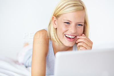 Buy stock photo Happy, laptop and woman on bed for watching movie, online shopping and internet blog in bedroom. Relax, smile and person on computer for streaming subscription, videos and series on weekend at home
