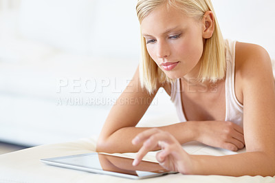 Buy stock photo Relax, tablet and woman on bed for social media, online shopping and internet in bedroom. Chat, resting and person on digital tech for reading website, news blog and research on weekend at home