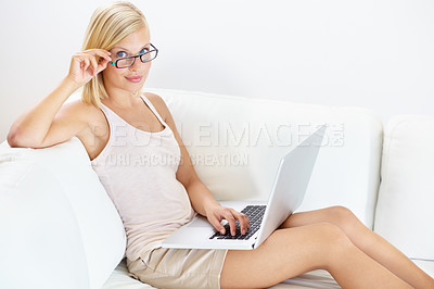 Buy stock photo Portrait, laptop and woman on sofa for remote work, research and internet project on white background. Freelance, business worker and person on computer for working from home, planning and website