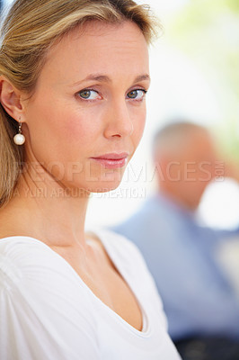 Buy stock photo Face of woman, fight or angry couple with stress, marriage divorce problem or bad communication. Upset, ignore or frustrated people in conflict disaster for cheating drama, breakup or hate in home