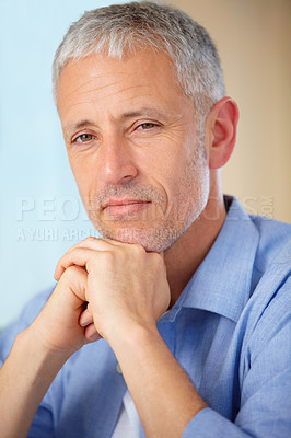 Buy stock photo Senior man, portrait and thinking in confidence, wisdom or decision for ambition at home. Face of thoughtful mature male person or model posing with hands on chin in wonder, choice or idea at house