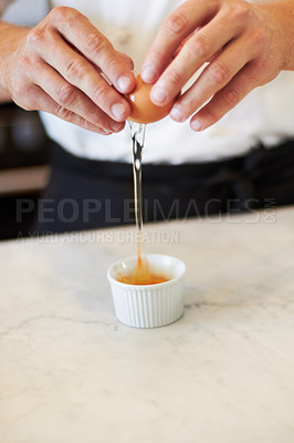 Buy stock photo Baking, crack egg and hands with breakfast in the kitchen for health, protein and nutrition closeup. Bakery, morning and chef or person with creme brulee or food for dinner diet or restaurant cooking