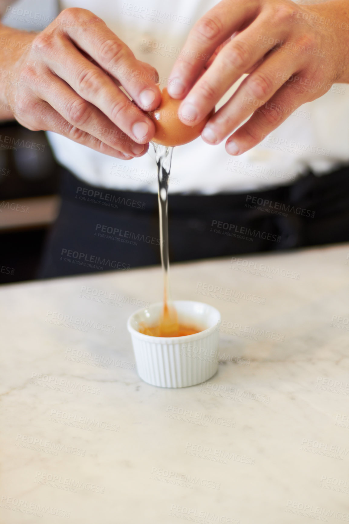 Buy stock photo Baking, crack egg and hands with breakfast in the kitchen for health, protein and nutrition closeup. Bakery, morning and chef or person with creme brulee or food for dinner diet or restaurant cooking