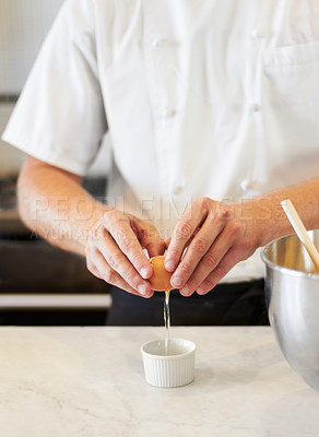 Buy stock photo Baker, cracking egg and hands with breakfast in the kitchen for health, protein and nutrition. Bakery, morning and a chef or person with food in a container for a dinner diet or restaurant cooking