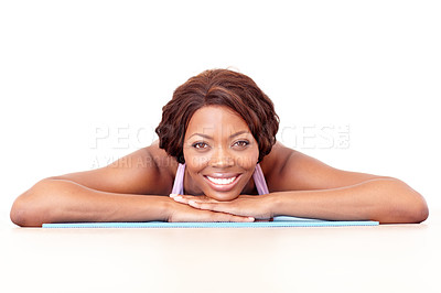 Buy stock photo Black woman, portrait and smile on yoga mat with fitness, exercise and workout in studio. White background, calm and break with a happy African female person with health and wellness rest on ground